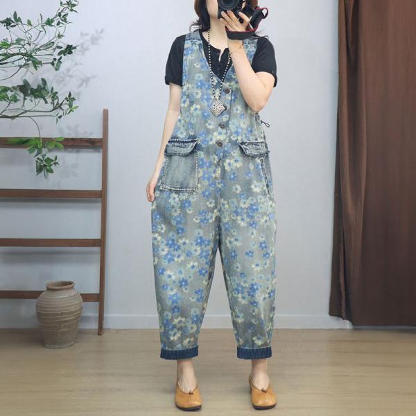 Denim Pockets V-Neck Sleeveless Floral Overalls