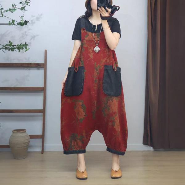 Low Crotch Loose Cotton Linen Folk Harem Overalls