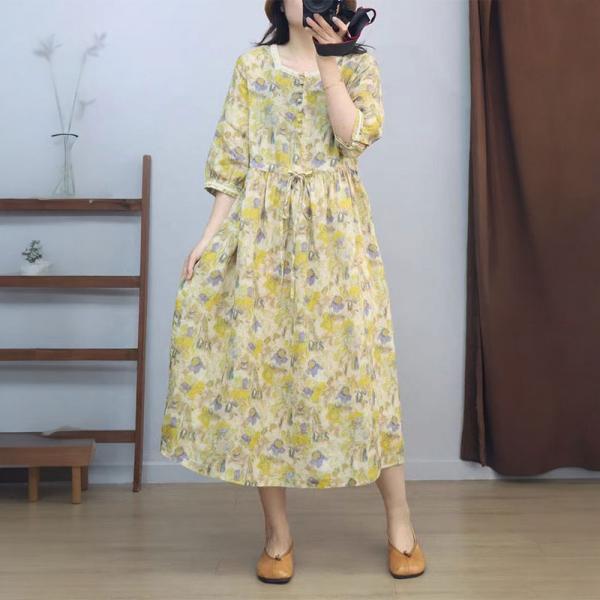 Organic Ramie Tied Waist Yellow Floral Resort Dress