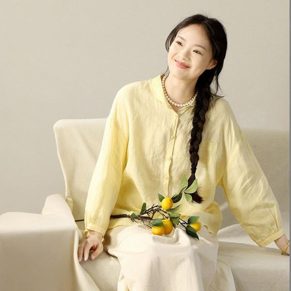 Long Sleeves Baby Yellow Linen Shirt for Women