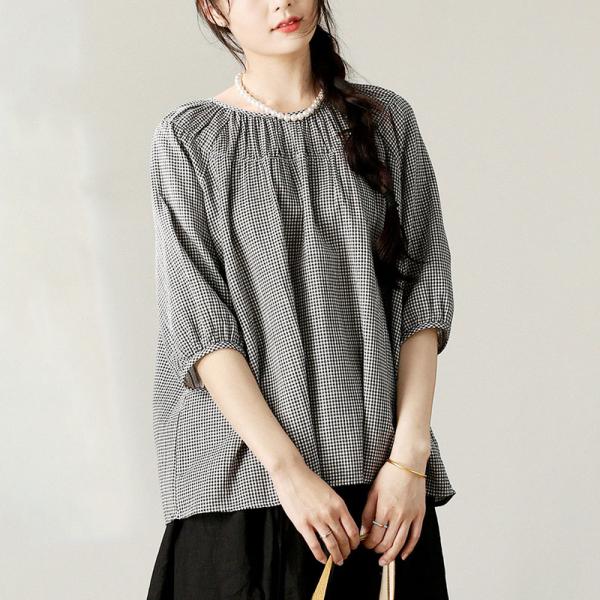 Puff Sleeve Cotton Plaid Loose Blouse