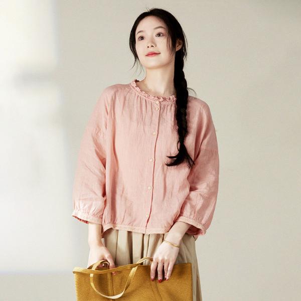 Loose-Fit Pink Short Linen Shirt