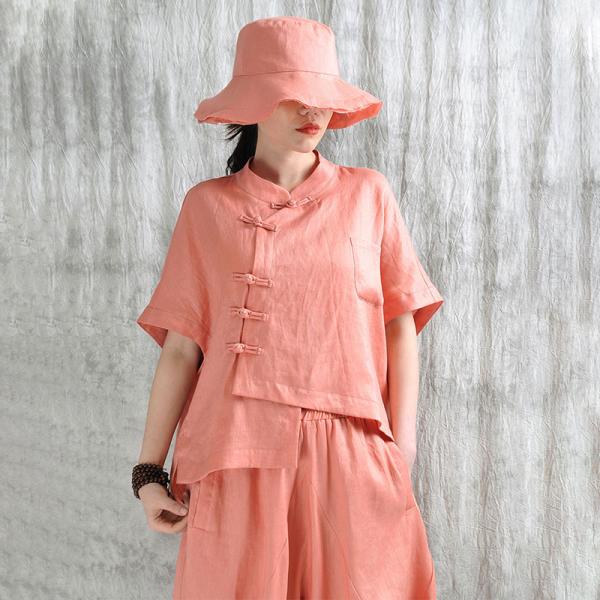 Mandarin Collar Pastel Colored Linen Customized Blouse