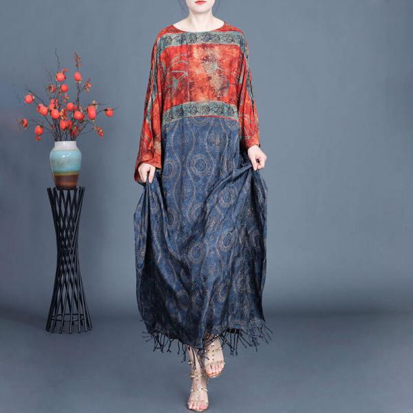 Folk Printed Elegant Loose Tassel Dress