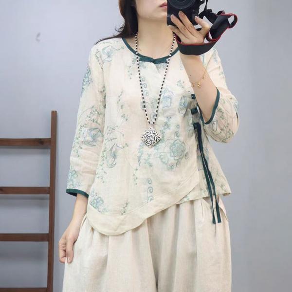 Chinese Side Buttons Ramie Embroidery Blouse