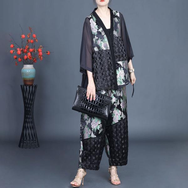 Eastern Style Printed Short Cardigan with Silk Wide Leg Pants