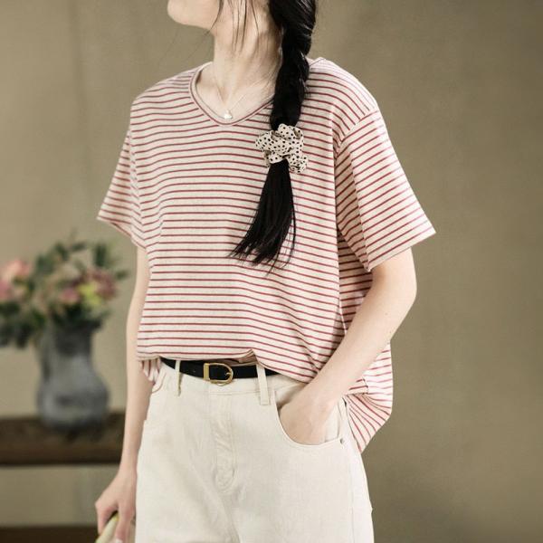 V-Neck Red Striped Cotton Casual T-shirt