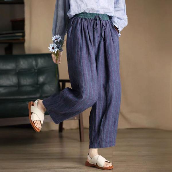 Vertical Striped Blue Yarn-Dyed Linen Cozy Pants