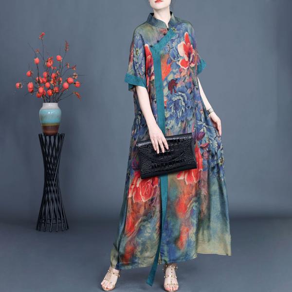 Chinese Collar Red Flowers Tassel Modern Cheongsam