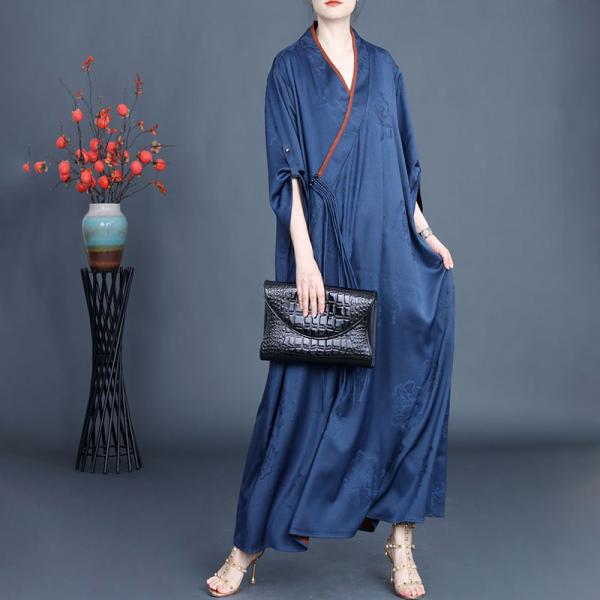 Silk Jacquard Blue Tassel Loose Qipao Dress