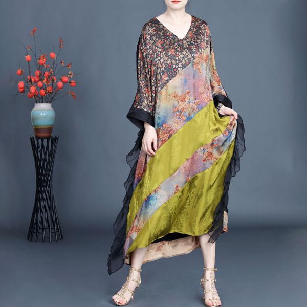 Floral Yellow Silk Flouncing Summer Brunch Dress