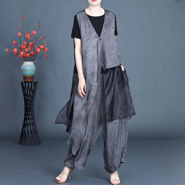 Jacquard Bamboo V-neck Flounced Waistcoat with Wide Leg Pants