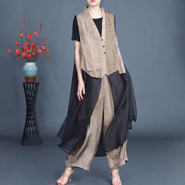 Jacquard Flounced Long Waistcoat with Silk Harem Pants