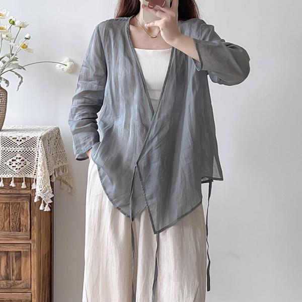 V-Neck Long Sleeves Gray Tied Wrap Blouse