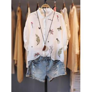 Chunky Embroidery Blouse Light Blue Linen Shirt for Women