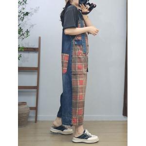 Front Pocket Adjustable Wide Leg Tartan Overalls