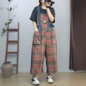 Front Pocket Adjustable Wide Leg Tartan Overalls