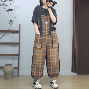 Front Pocket Adjustable Wide Leg Tartan Overalls