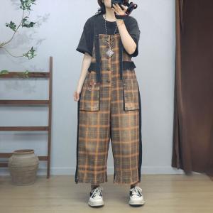 Front Pocket Adjustable Wide Leg Tartan Overalls