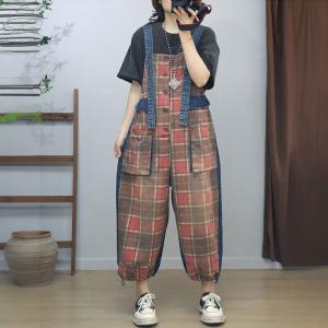 Front Pocket Adjustable Wide Leg Tartan Overalls