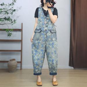 Denim Pockets V-Neck Sleeveless Floral Overalls