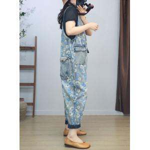 Denim Pockets V-Neck Sleeveless Floral Overalls