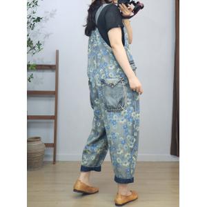 Denim Pockets V-Neck Sleeveless Floral Overalls