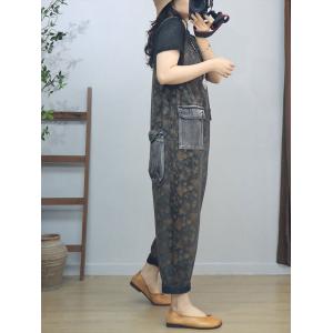 Denim Pockets V-Neck Sleeveless Floral Overalls