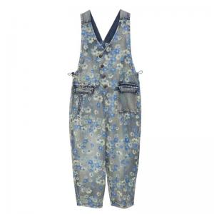 Denim Pockets V-Neck Sleeveless Floral Overalls