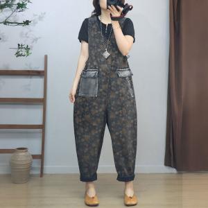 Denim Pockets V-Neck Sleeveless Floral Overalls