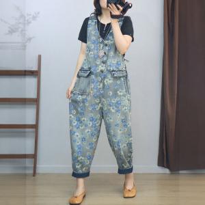 Denim Pockets V-Neck Sleeveless Floral Overalls