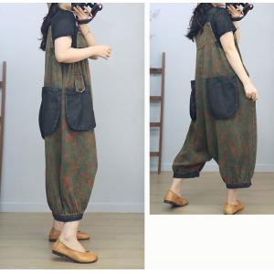 Low Crotch Loose Cotton Linen Folk Harem Overalls