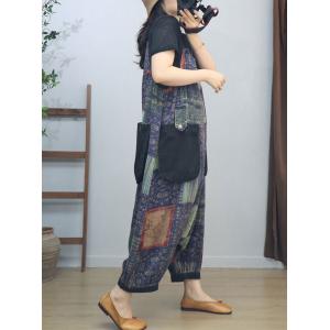 Low Crotch Loose Cotton Linen Folk Harem Overalls