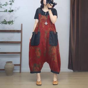 Low Crotch Loose Cotton Linen Folk Harem Overalls