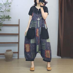 Low Crotch Loose Cotton Linen Folk Harem Overalls