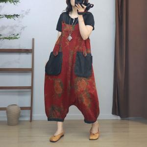 Low Crotch Loose Cotton Linen Folk Harem Overalls