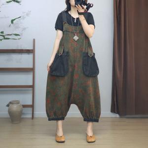 Low Crotch Loose Cotton Linen Folk Harem Overalls