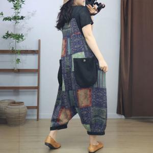 Low Crotch Loose Cotton Linen Folk Harem Overalls