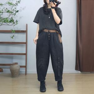 Front Buttons Casual Ribbon Cotton Skater Pants