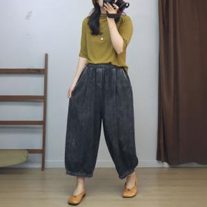 Hip Pockets Elastic Waist Wide Leg Jeans