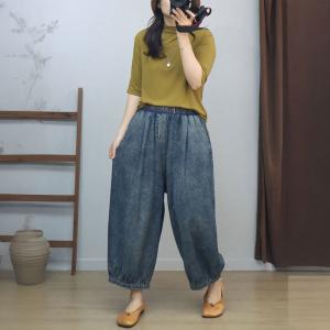 Hip Pockets Elastic Waist Wide Leg Jeans