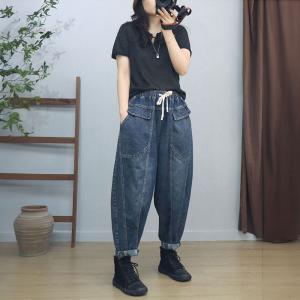 Drawstring Waist Flap Pockets Boyfriend Harem Jeans