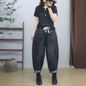 Drawstring Waist Flap Pockets Boyfriend Harem Jeans