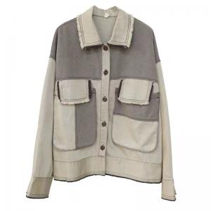 Gray and Khaki Polo Neck Short Denim Jacket