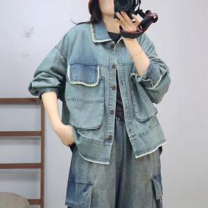 Huge Pocket Fringed Collar Light Wash Jean Jacket