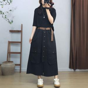 Button Fly Front Slit A-Line Cotton Skirt