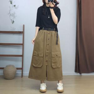 Button Fly Front Slit A-Line Cotton Skirt