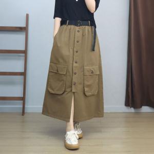Button Fly Front Slit A-Line Cotton Skirt