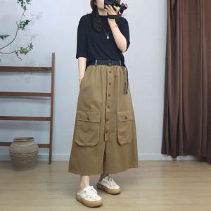 Button Fly Front Slit A-Line Cotton Skirt