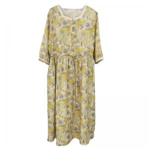 Organic Ramie Tied Waist Yellow Floral Resort Dress